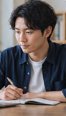 男性がオンラインで学習・相談するイメージ