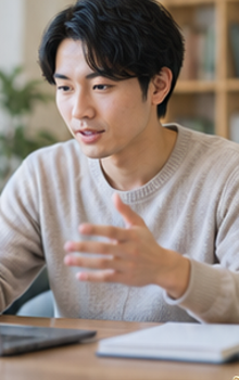 男性がオンラインで学習・相談するイメージ